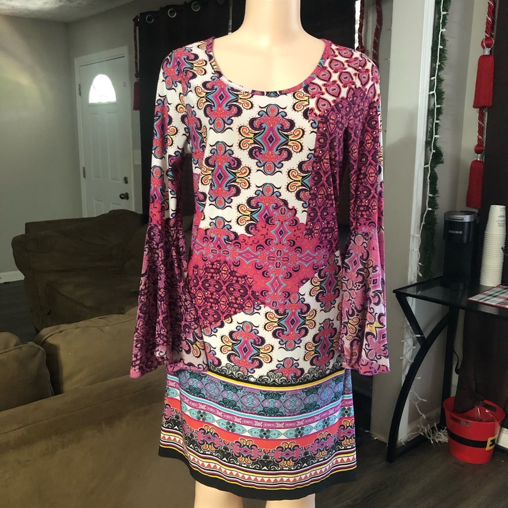 Women's Pink Multi-Pattern Long-Sleeve Shift Dress